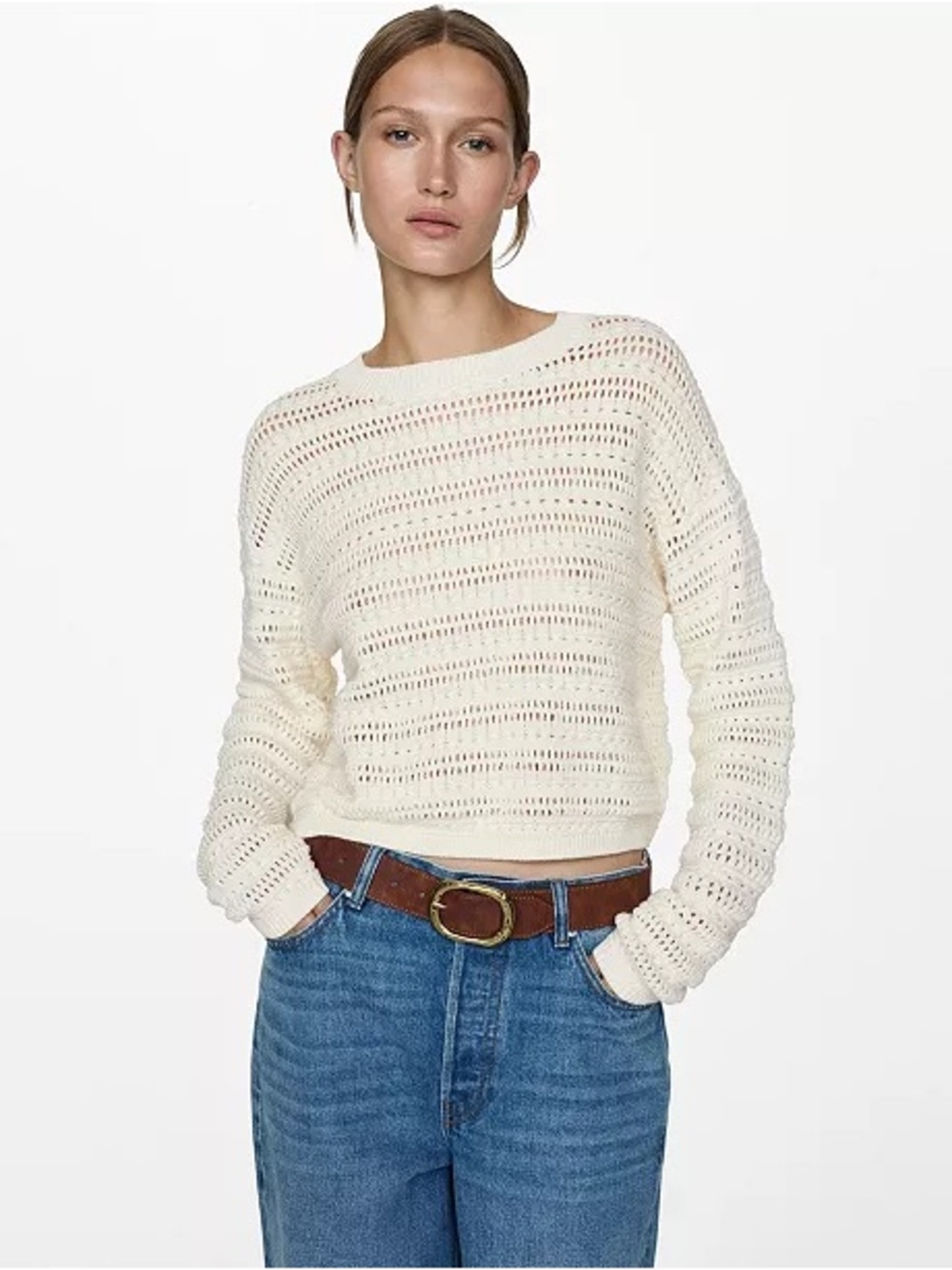Mango Cream Open-Knit Women's Crewneck Cotton Sweater